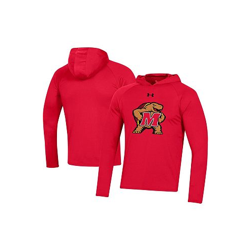 Under Armour Mens Red Maryland Terrapins School Logo Raglan Long Sleeve Hoodie Performance T-shirt