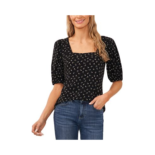 CeCe Womens Printed Square-Neck Puff-Sleeve Knit Top