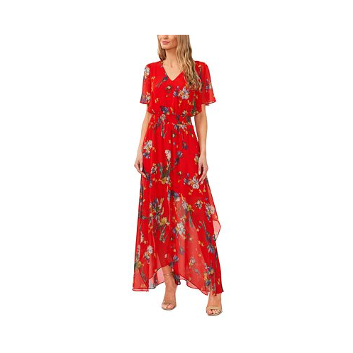 CeCe Womens Smocked-Waist Flutter-Sleeve Maxi Dress