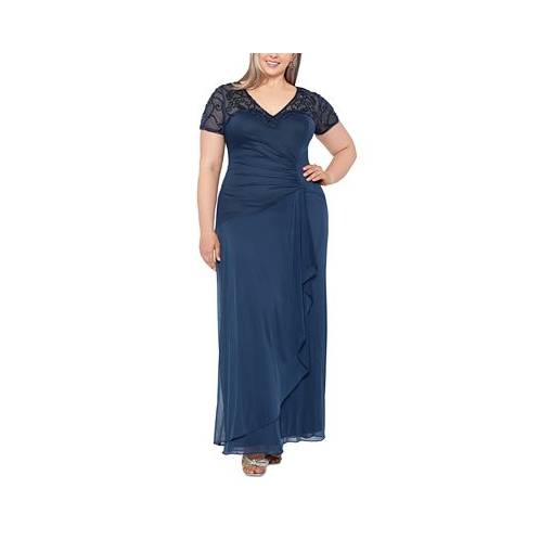 XSCAPE Plus Size Beaded Illusion-Trim Side-Ruched Gown