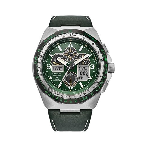 Citizen Eco-Drive Mens Chronograph Promaster Skyhawk Green Leather Strap Watch 46mm