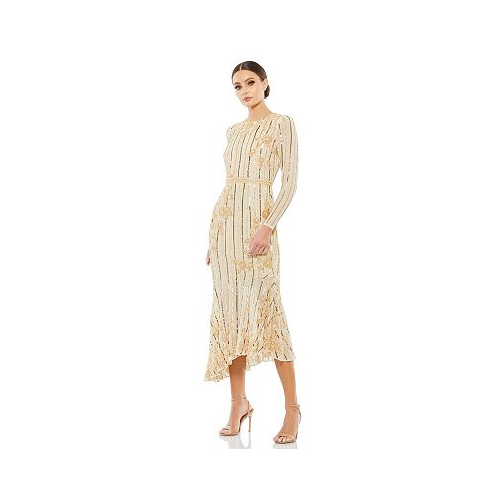 Mac Duggal Womens Long Sleeve Tea Length Dress