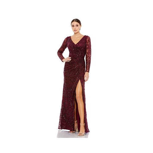 Mac Duggal Womens Long Sleeve Ruched Sequined V-Neck Gown