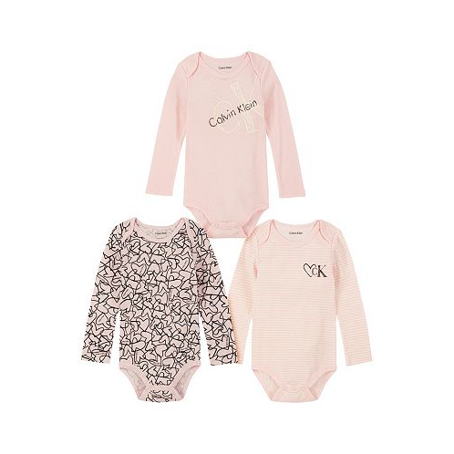 Calvin Klein Baby Girls Logo Print and Stripe Long Sleeve Bodysuits Pack of 3