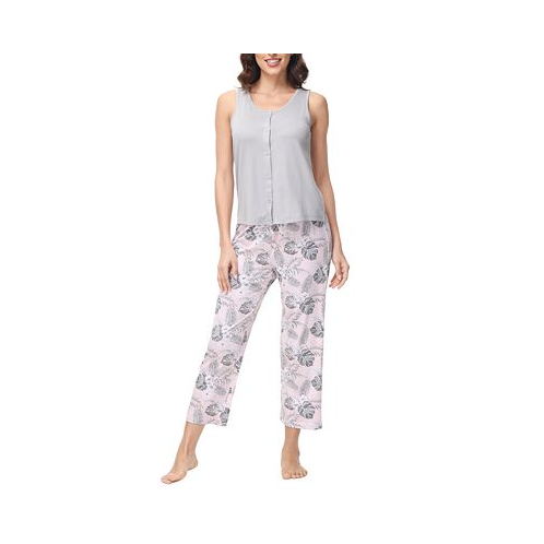 INK+IVY Womens 2 Piece Button Down Top with Cropped Wide Leg Pants Pajama Set