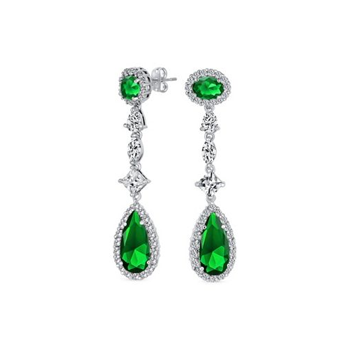 Bling Jewelry Wedding Simulated Royal Green Emerald Cubic Zirconia Halo Long Pear Solitaire Teardrop CZ Statement Dangle Chandelier Earrings Pageant Bridal Party