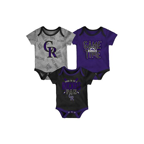 Outerstuff Newborn and Infant Boys and Girls Colorado Rockies Black Heathered Gray Purple Game Time Three-Piece Bodysuit Set