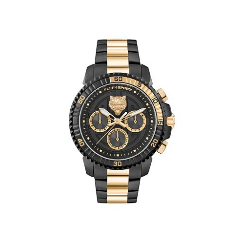 Plein Sport Mens Chronograph Date Quartz Powerlift Gold-Tone and Black Stainless Steel Bracelet Watch 45mm