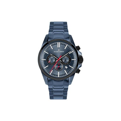 Jacques Lemans Mens Liverpool Watch with Solid Stainless Steel Strap IP-Blue/IP-Black Bicolor Chronograph 1-2119