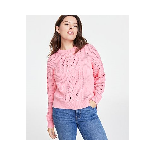 On 34th Womens Cable-Knit-Mesh Crewneck Long-Sleeve Sweater