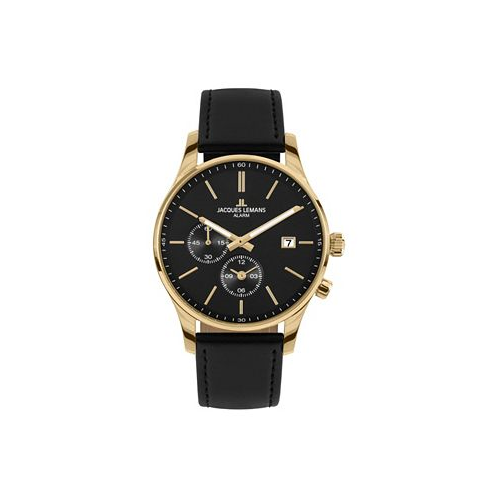 Jacques Lemans Mens London Watch with Leather Strap Solid Stainless Steel IP Gold 1-2125