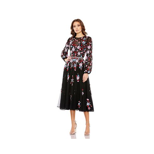 Mac Duggal Womens Sequined Floral High Neck Puff Sleeve Cocktail Dress