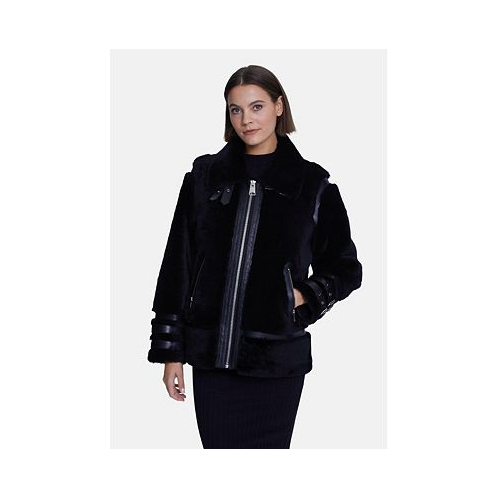 Furniq UK Womens Shearling Jacket Silky Black With Black Wool