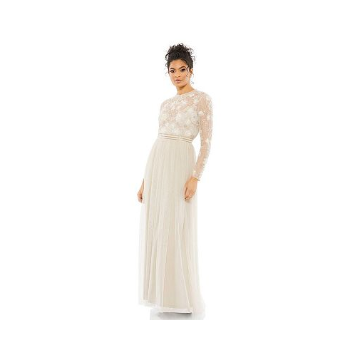 Mac Duggal Womens Embellished Illusion High Neck Long Sleeve Gown