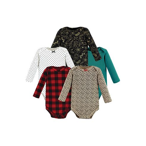 Hudson Baby Baby Girls Cotton Long-Sleeve Bodysuits Buffalo Plaid Leopard 5-Pack