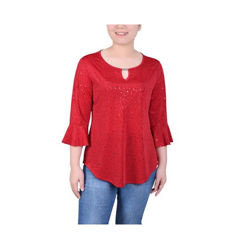 NY Collection Petite 3/4 Bell Sleeve Top with Hardware