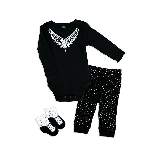 Baby Mode Baby Girls Diamond Necklace Bodysuit Pants and Socks 3 Piece Set