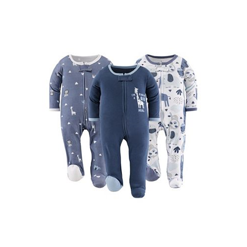 The Peanutshell Blue Safari Footed Baby Sleepers for Boys 3-Pack