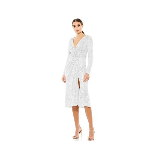 Mac Duggal Womens Ieena Long Sleeve Sequined Midi Dress