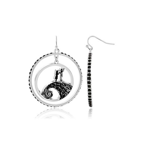 Disney Womens The Nightmare Before Christmas Jack and Sally Double Circle Drop Hoop Earrings with Black Crystals