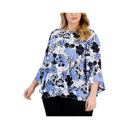 Kasper Plus Size Printed Ruffle-Sleeve Blouse