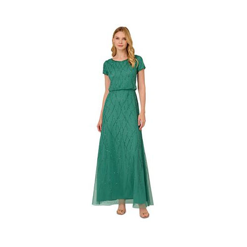 Adrianna Papell Womens Short Sleeve Embellished Overlay Gown