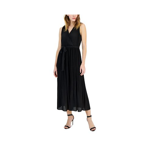 T Tahari Womens Faux-Wrap Sleeveless Pleated Fit & Flare Maxi Dress