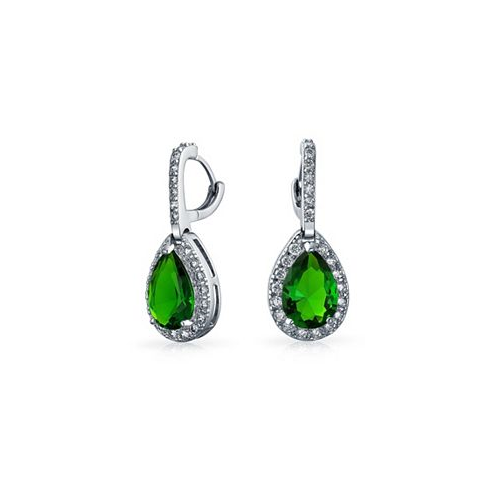 Bling Jewelry 7CT Style Halo Simulated Green Emerald Cubic Zirconia AAA CZ Fashion Dangling Drop Teardrop Earrings For Women Prom Bridesmaid Wedding Rhodium Plated