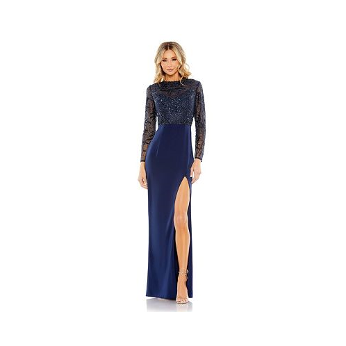 Mac Duggal Womens Embellished High Neck Bodice Faux Wrap Gown