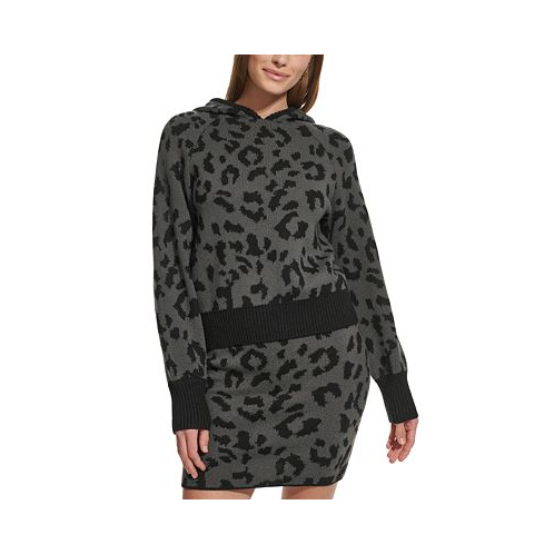 DKNY Jeans Womens Hooded Animal-Print Pullover Sweater