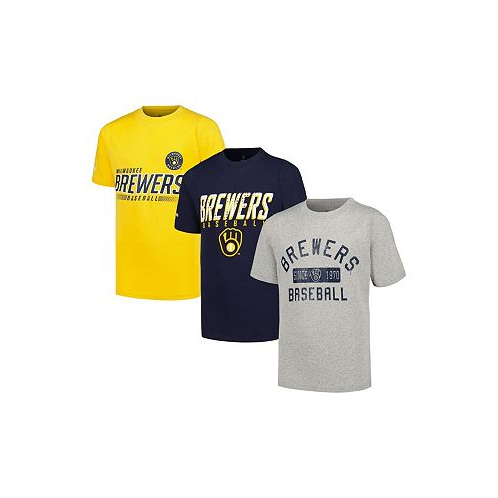 Stitches Big Boys Heather Gray Navy Gold Distressed Milwaukee Brewers Three-Pack T-shirt Set