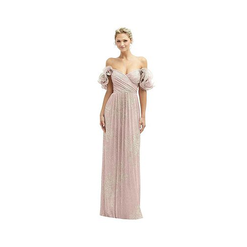 After Six Plus Size Dramatic Ruffle Edge Convertible Strap Metallic Pleated Maxi Dress with Floral Gold Foil Print