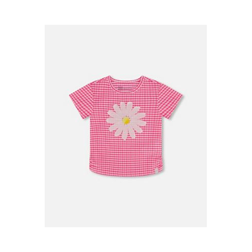 Deux par Deux Girl Crinkle Jersey Top With Flower Applique Vichy Pink - Toddler Child