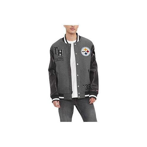 Tommy Hilfiger Mens Heather Gray Black Pittsburgh Steelers Gunner Full-Zip Varsity Jacket