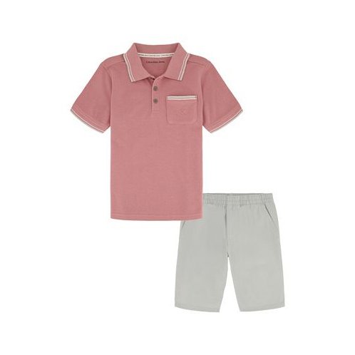 Calvin Klein Toddler Boys Monogram Pocket Pique Short Sleeve Polo Shirt and Twill Shorts 2 Piece Set