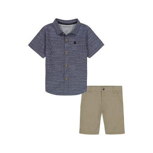 Calvin Klein Toddler Boys Logo Print Button-Up Short Sleeve Shirt and Twill Shorts 2 Piece Set