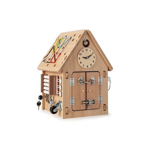 Costway Wooden Busy House Montessori Toy with Sensory Games & Interior Storage Space