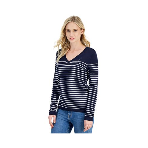 Nautica Jeans Womens Sailor-Stripe V-Neck Sweater