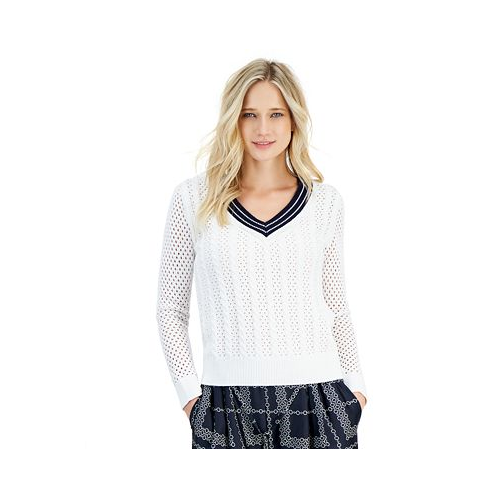 Nautica Jeans Womens Cotton Mixed-Stitch V-Neck Sweater