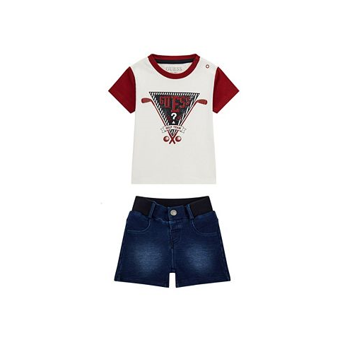 GUESS Baby Boys Short Sleeve Colorblock Logo T Shirt with Knit Denim Shorts Set