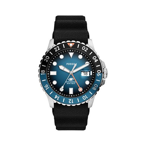 Fossil Mens Blue Greenwich Mean Time Black Silicone Watch 46mm