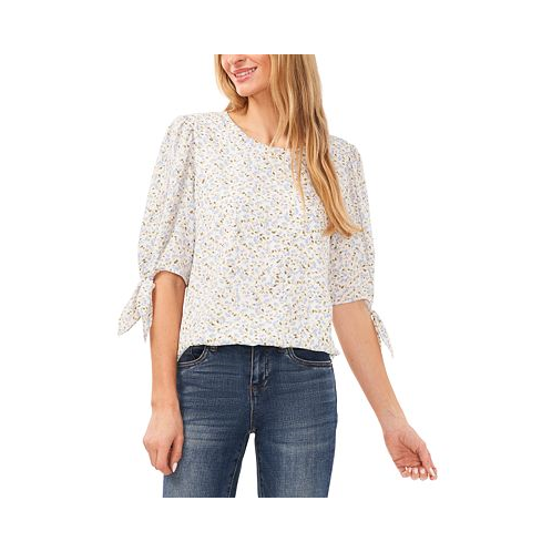 CeCe Womens Floral Tie-Sleeve Blouse