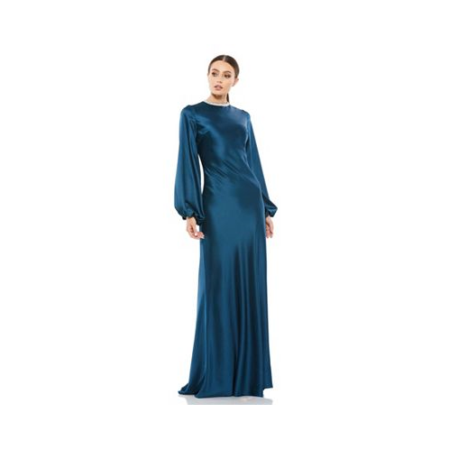 Mac Duggal Womens Ieena Satin Long Blouson Sleeve Evening Gown