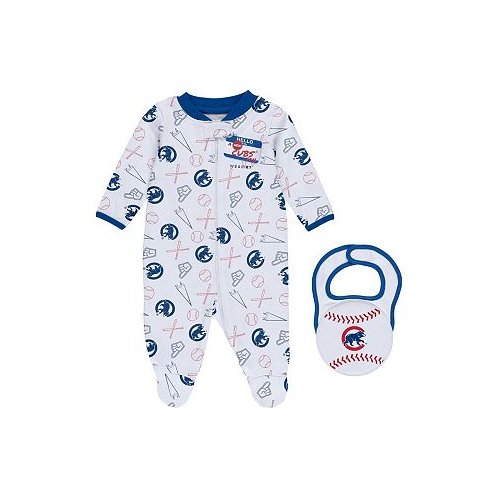 WEAR by Erin Andrews Newborn and Infant Boys and Girls White Chicago Cubs Sleep and Play Full-Zip Footed Jumper with Bib