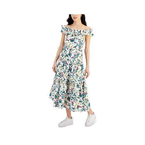 Nautica Jeans Womens Printed Off-The-Shoulder Cotton Maxi Dress