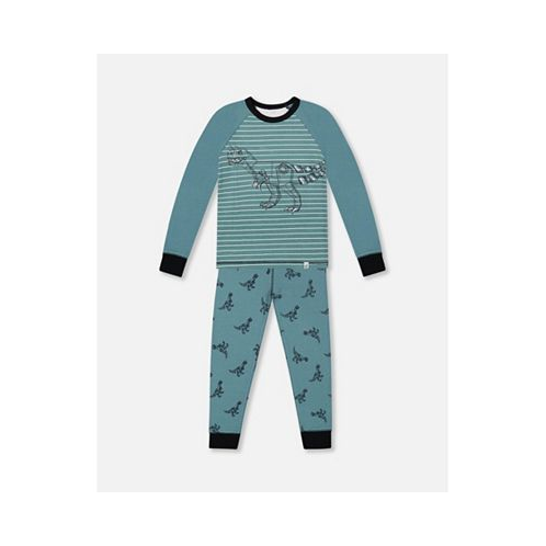 Deux par Deux Baby Boy Organic Cotton Long Sleeve Two Piece Pajama Set Teal With Mechanical Dinosaurs Print - Infant