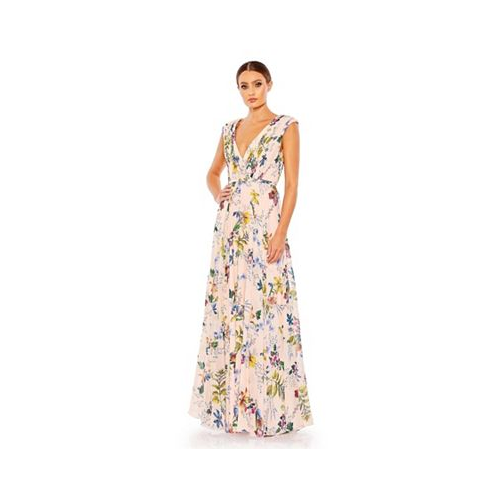 Mac Duggal Womens Pleated Floral Cap Sleeve A Line Gown