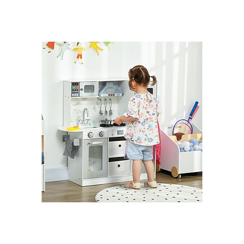 Qaba Play Kitchen Set for Kids W/ Lights Sounds Apron and Chef Hat White