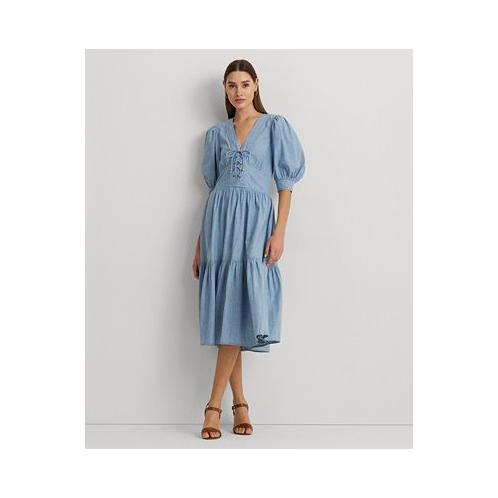 POLO Ralph Lauren Womens Cotton Puff-Sleeve Chambray Dress