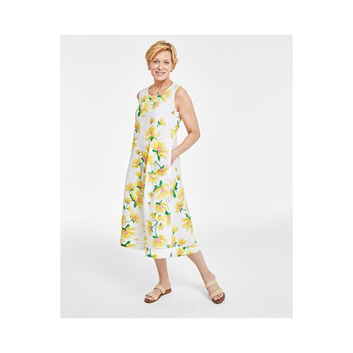 Charter Club Womens 100% Linen Floral-Print Sleeveless Midi Dress
